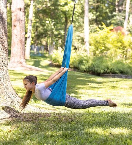 Hearthsong 5-Foot Stretchy Loop Sensory Swing, 5.2’L x 5’W, Blue Spandex, Adjustable Extension Strap, Holds Up to 125 lbs in Kuwait