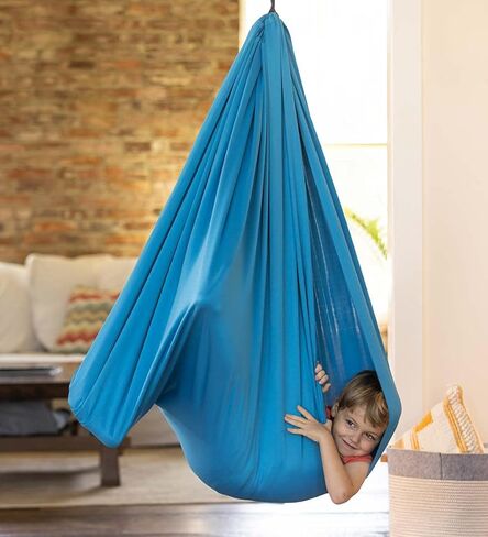Hearthsong 5-Foot Stretchy Loop Sensory Swing, 5.2’L x 5’W, Blue Spandex, Adjustable Extension Strap, Holds Up to 125 lbs in Kuwait
