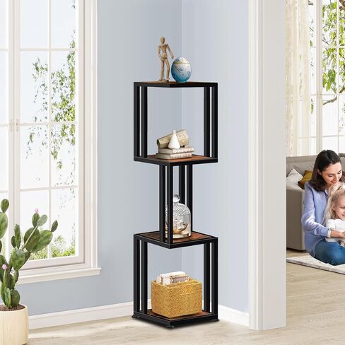 4 -Tier Corner Shelf Stand, 47'' Tall Industrial Corner Shelves, Heavy Duty Square Corner Bookshelf Display Shelf for Small Space, Corner Plant Stand for Living Room, Rustic Brown in Kuwait