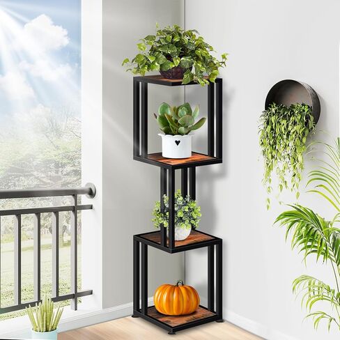 4 -Tier Corner Shelf Stand, 47'' Tall Industrial Corner Shelves, Heavy Duty Square Corner Bookshelf Display Shelf for Small Space, Corner Plant Stand for Living Room, Rustic Brown in Kuwait