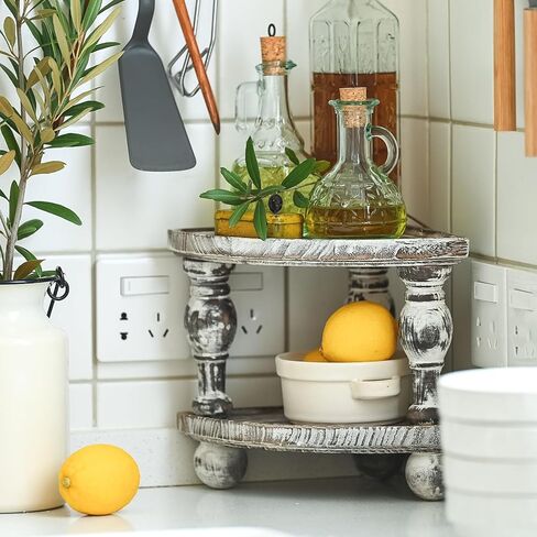 Farmhouse Bathroom Counter Organizer,Wood Rustic Pedesta Corner Shelf, Vintage Rustic Wood Bathroom Decor,2 Tier Tray Riser for Coffee Bar Table and Kitchen Counter Decor (2 Pack) in Kuwait