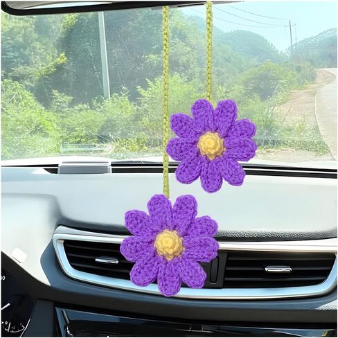 Crochet Daisy Rear View Mirror Hanging, Automotive Stuff Charm Ornament Pendant Knitted Cute Car Accessories, Interior Decoration Aesthetic Handmade for Women Girls, Universal Fit（Pink） in Saudi Arabia