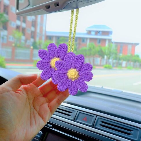Crochet Daisy Rear View Mirror Hanging, Automotive Stuff Charm Ornament Pendant Knitted Cute Car Accessories, Interior Decoration Aesthetic Handmade for Women Girls, Universal Fit（Pink） in Saudi Arabia