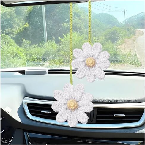 Crochet Daisy Rear View Mirror Hanging, Automotive Stuff Charm Ornament Pendant Knitted Cute Car Accessories, Interior Decoration Aesthetic Handmade for Women Girls, Universal Fit（Pink） in Saudi Arabia