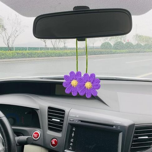 Crochet Daisy Rear View Mirror Hanging, Automotive Stuff Charm Ornament Pendant Knitted Cute Car Accessories, Interior Decoration Aesthetic Handmade for Women Girls, Universal Fit（Pink） in Saudi Arabia