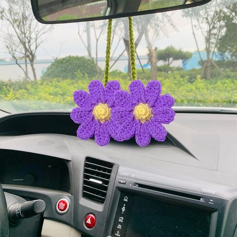 Crochet Daisy Rear View Mirror Hanging, Automotive Stuff Charm Ornament Pendant Knitted Cute Car Accessories, Interior Decoration Aesthetic Handmade for Women Girls, Universal Fit（Pink） in Saudi Arabia