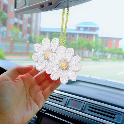 Crochet Daisy Rear View Mirror Hanging, Automotive Stuff Charm Ornament Pendant Knitted Cute Car Accessories, Interior Decoration Aesthetic Handmade for Women Girls, Universal Fit（Pink） in Saudi Arabia