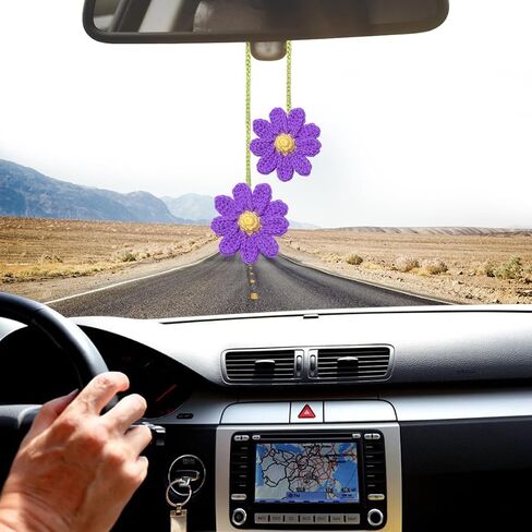 Crochet Daisy Rear View Mirror Hanging, Automotive Stuff Charm Ornament Pendant Knitted Cute Car Accessories, Interior Decoration Aesthetic Handmade for Women Girls, Universal Fit（Pink） in Saudi Arabia