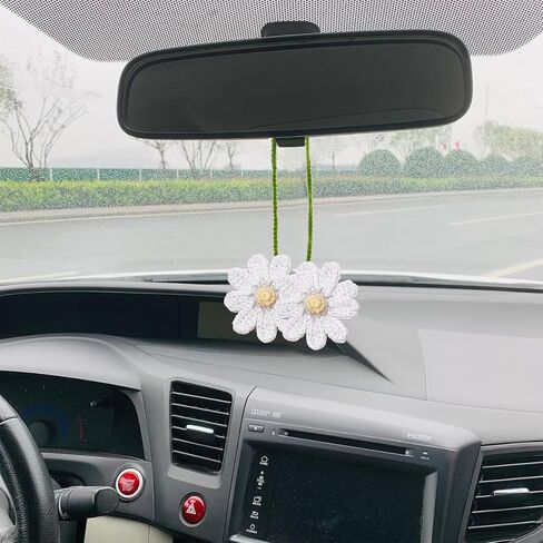 Crochet Daisy Rear View Mirror Hanging, Automotive Stuff Charm Ornament Pendant Knitted Cute Car Accessories, Interior Decoration Aesthetic Handmade for Women Girls, Universal Fit（Pink） in Saudi Arabia