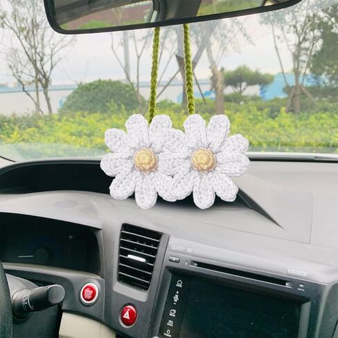 Crochet Daisy Rear View Mirror Hanging, Automotive Stuff Charm Ornament Pendant Knitted Cute Car Accessories, Interior Decoration Aesthetic Handmade for Women Girls, Universal Fit（Pink） in Saudi Arabia