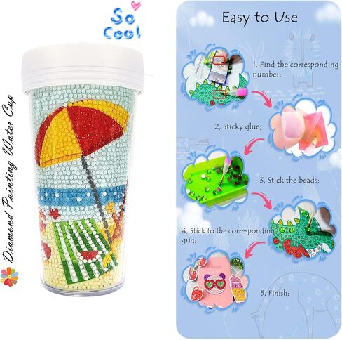 Eimilaly Diamond Painting Water Bottle for Kids, DIY Beach Holidays Diamond Mugs for Drinks, Crafts Art Gifts Toys for Boys Girls Party Supplies, Acrylic/16oZ in Saudi Arabia