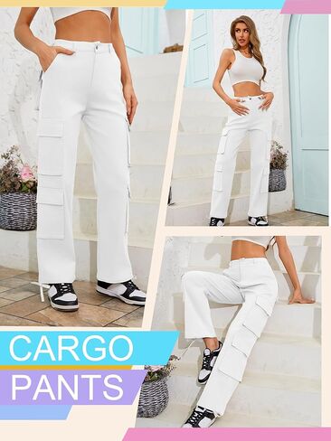 سروال عالي الخصر للنساء سروال البضائع عداء ببطء مستقيم واسع الساق فضفاض مع جيوب ملابس الشارع الشهير السراويل المظلة Y2k in Kuwait