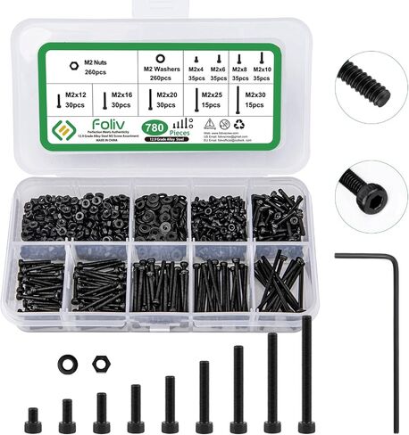 FOLIV Metric Screws and Nuts Assortment Kit, 780pcs M2 Hex Socket Head Cap Bolts and Nuts Washers, 12.9 Grade Alloy Steel Anti Rust Hex Screws in Saudi Arabia