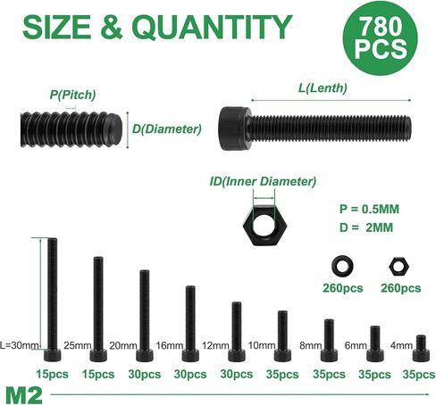 FOLIV Metric Screws and Nuts Assortment Kit, 780pcs M2 Hex Socket Head Cap Bolts and Nuts Washers, 12.9 Grade Alloy Steel Anti Rust Hex Screws in Saudi Arabia