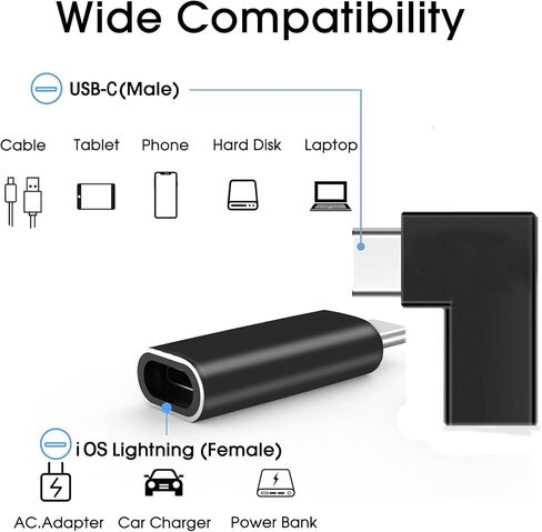 【90 Degree + Straight Lightning Female to USB C Male Adapter 2Pack】 Compatible with iPhone15 Pro Max for Ipad Air iOS Compatible for Samsung Galaxy Charging Data sync Type C Charger Connector Cable in Kuwait