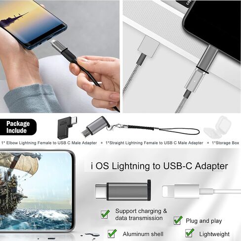 【90 Degree + Straight Lightning Female to USB C Male Adapter 2Pack】 Compatible with iPhone15 Pro Max for Ipad Air iOS Compatible for Samsung Galaxy Charging Data sync Type C Charger Connector Cable in Kuwait
