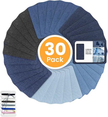30-Piece Iron on Patches for Jeans, Denim Patches for Inside Jeans Pure Cotton, 6 Shades of Blue Iron On Jean Patches for Inside Jeans & Clothing Repair, Size 3"x4-1/4"(7.6cm x 10.8cm) in Saudi Arabia
