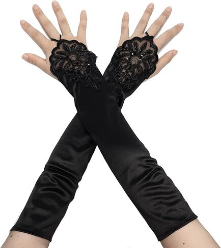 aoozleny 1920s Women Stretchy Fingerless Long Gloves Pierced Elbow Length Satin Hook Finger Gloves for Evening Party in Saudi Arabia