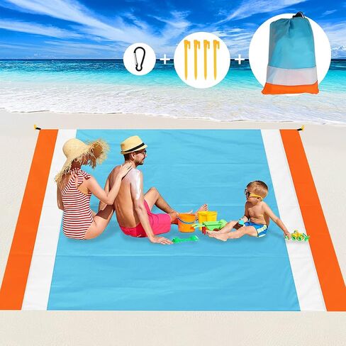 Aitey Sand Free Beach Blanket, Waterproof Beach Mat Compact Outdoor Blanket Ideal for Picnic, Travel, Hiking, Camping and Music Festivals with 4 Stakes, 4 Corner Pockets and Bag - 82"x 79"(Blue) in Saudi Arabia