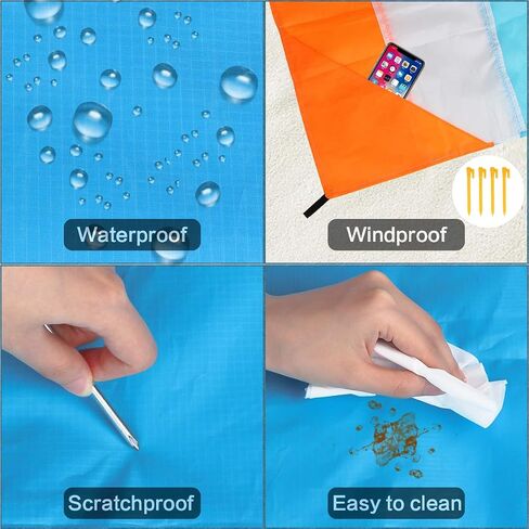 Aitey Sand Free Beach Blanket, Waterproof Beach Mat Compact Outdoor Blanket Ideal for Picnic, Travel, Hiking, Camping and Music Festivals with 4 Stakes, 4 Corner Pockets and Bag - 82"x 79"(Blue) in Saudi Arabia
