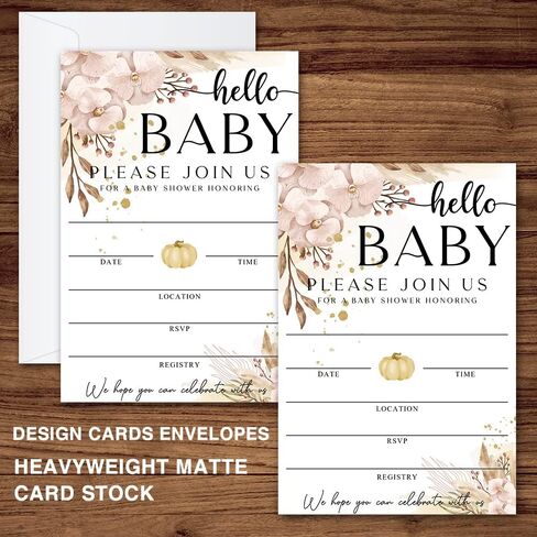 Fall Little Pumpkin Baby Shower Hello Baby Invitations Sweet Pumpkin, Fall Leaves, Autumn Theme, Pack of 20 Fill-in Invitation Cards & 20 Envelopes, 4''X6'', Gender Reveal Neutral - JY035 in Kuwait