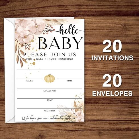 Fall Little Pumpkin Baby Shower Hello Baby Invitations Sweet Pumpkin, Fall Leaves, Autumn Theme, Pack of 20 Fill-in Invitation Cards & 20 Envelopes, 4''X6'', Gender Reveal Neutral - JY035 in Kuwait