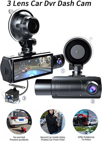 كاميرا داش كام أمامية وداخلية وخلفية 1080 بيكسل فل اتش دي للسيارات، ثلاث عدسات، شاشة عرض 3.16 بوصة ومسجل سيارة بزاوية واسعة للغاية 170 درجة، كاميرات لوحة القيادة للرؤية الليلية بالأشعة تحت الحمراء مع صورة عكسية in Kuwait