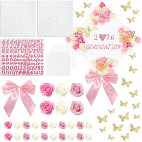 67 Pcs Pink and White DIY Graduation Cap Decorations Faux Assorted Flowers 3D Butterfly Stickers Pink Bow Glitter Alphabet Letter Number Decals for DIY Hat Grad Cap Topper Graduation Party Supplies in Kuwait