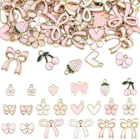 SUNNYCLUE 1 صندوق 80 قطعة 20 نمط Coquette Bow Charms زهرة وردية سحر السائبة سبيكة المينا Bowknot لوليتا الكرز الفراولة ربطة عنق عقدة المعلقات لصنع المجوهرات DIY القلائد القرط الحرف حقيبة ديكور in Kuwait