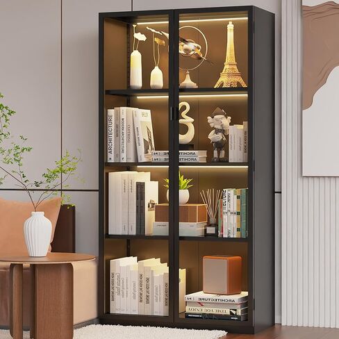 Kelueo 63" H Display Cabinet with Glass Doors,Tall Display Cabinet with LED Lights,Display Case for Collectibles,Glass Display Cabinets with 3 Adjustable Shelves for Living Room,Bedroom,Office in Kuwait