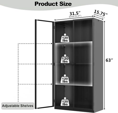 Kelueo 63" H Display Cabinet with Glass Doors,Tall Display Cabinet with LED Lights,Display Case for Collectibles,Glass Display Cabinets with 3 Adjustable Shelves for Living Room,Bedroom,Office in Kuwait