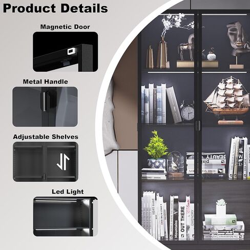 Kelueo 63" H Display Cabinet with Glass Doors,Tall Display Cabinet with LED Lights,Display Case for Collectibles,Glass Display Cabinets with 3 Adjustable Shelves for Living Room,Bedroom,Office in Kuwait