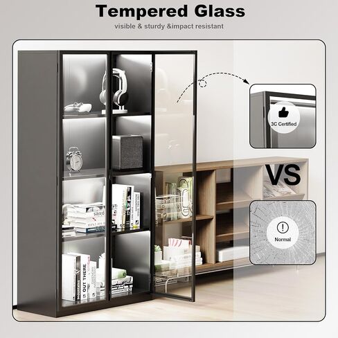 Kelueo 63" H Display Cabinet with Glass Doors,Tall Display Cabinet with LED Lights,Display Case for Collectibles,Glass Display Cabinets with 3 Adjustable Shelves for Living Room,Bedroom,Office in Kuwait