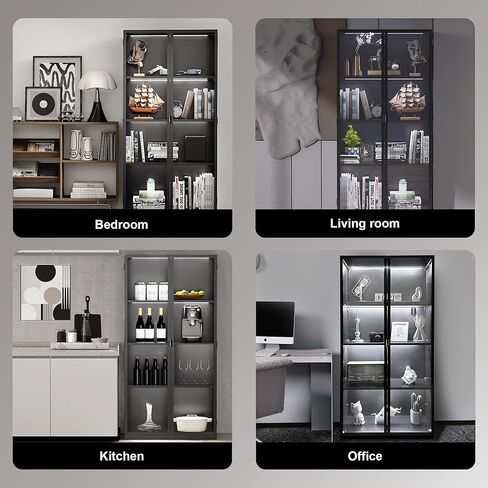 Kelueo 63" H Display Cabinet with Glass Doors,Tall Display Cabinet with LED Lights,Display Case for Collectibles,Glass Display Cabinets with 3 Adjustable Shelves for Living Room,Bedroom,Office in Kuwait