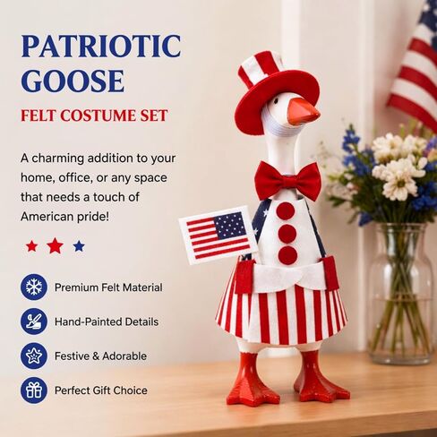 Mini Patriotic Desk Goose Outfit for 7 Inch Goose Statue, 4th of July Desk Goose Clothes Set with Hat Bow Flag, Small Desktop Decoration Gift for Office Home in Saudi Arabia