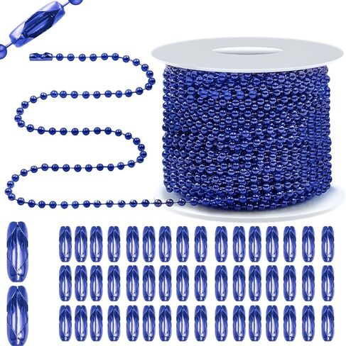 Bijou Joon 30 Ft Blue Bead Chain 2 MM Small Ball Chain Roll Bead Ball Chains Necklace Beaded Pull Chains Dog Tag Link Metal for Jewelry Making Craft Bracelet Charm 50 Connectors Clasp in Kuwait