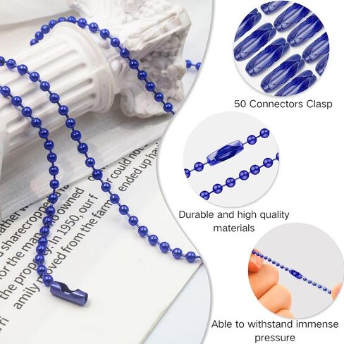 Bijou Joon 30 Ft Blue Bead Chain 2 MM Small Ball Chain Roll Bead Ball Chains Necklace Beaded Pull Chains Dog Tag Link Metal for Jewelry Making Craft Bracelet Charm 50 Connectors Clasp in Kuwait