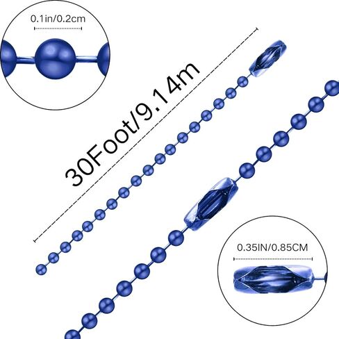 Bijou Joon 30 Ft Blue Bead Chain 2 MM Small Ball Chain Roll Bead Ball Chains Necklace Beaded Pull Chains Dog Tag Link Metal for Jewelry Making Craft Bracelet Charm 50 Connectors Clasp in Kuwait