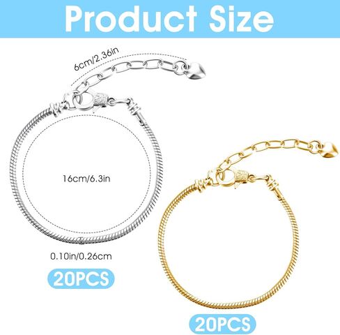Ptwola 40 Pcs Snake Chain Charm Bracelet Adjustable Snake Charm Bracelet with Heart Lobster Clasp Extender Chain for Women Jewelry Making DIY Gifts Supplies in Kuwait