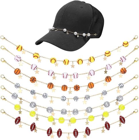 PH PandaHall 7pcs Sports Ball Trucker Hat Chains, Stainless Steel Hat Chain Acrylic Football Basketball Ball Beads Chain with Star Charms for Football Game Day Western Hat Cap Decoration, Gold in Kuwait