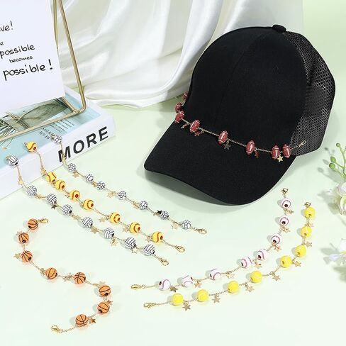 PH PandaHall 7pcs Sports Ball Trucker Hat Chains, Stainless Steel Hat Chain Acrylic Football Basketball Ball Beads Chain with Star Charms for Football Game Day Western Hat Cap Decoration, Gold in Kuwait