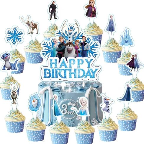 15Pcs Frozen Cake Decorations with 14pcs Cupcake Toppers, 1pcs Happy Birthday Cake Topper, Cartoon Themed Party Supplies, Perfect for Birthday Party Decorations in Saudi Arabia
