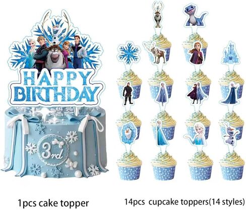 15Pcs Frozen Cake Decorations with 14pcs Cupcake Toppers, 1pcs Happy Birthday Cake Topper, Cartoon Themed Party Supplies, Perfect for Birthday Party Decorations in Saudi Arabia