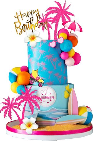 Summer Hawaiian Cake Topper with Beach Ball Sun Umbrella Goggles Beach Cake Decorations for Summer Holiday Theme Birthday Supplies (Surfboard) in Saudi Arabia
