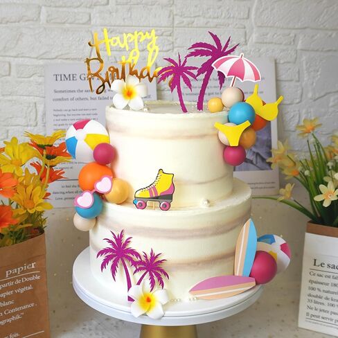 Summer Hawaiian Cake Topper with Beach Ball Sun Umbrella Goggles Beach Cake Decorations for Summer Holiday Theme Birthday Supplies (Surfboard) in Saudi Arabia