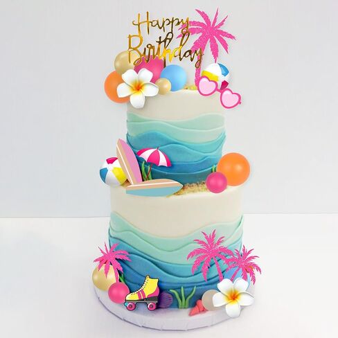 Summer Hawaiian Cake Topper with Beach Ball Sun Umbrella Goggles Beach Cake Decorations for Summer Holiday Theme Birthday Supplies (Surfboard) in Saudi Arabia