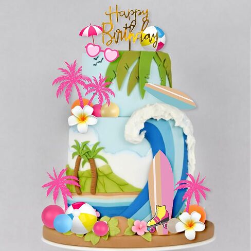 Summer Hawaiian Cake Topper with Beach Ball Sun Umbrella Goggles Beach Cake Decorations for Summer Holiday Theme Birthday Supplies (Surfboard) in Saudi Arabia