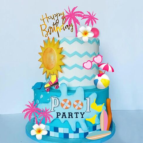 Summer Hawaiian Cake Topper with Beach Ball Sun Umbrella Goggles Beach Cake Decorations for Summer Holiday Theme Birthday Supplies (Surfboard) in Saudi Arabia