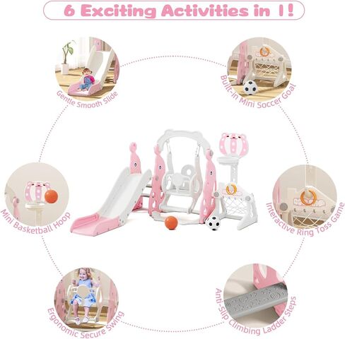 67i Toddler Slide Swing Set Indoor Playground for Kids 1-3, Multi-Activity Play Center Basketball Adjustable Height Safe Plastic (Pink) in Saudi Arabia