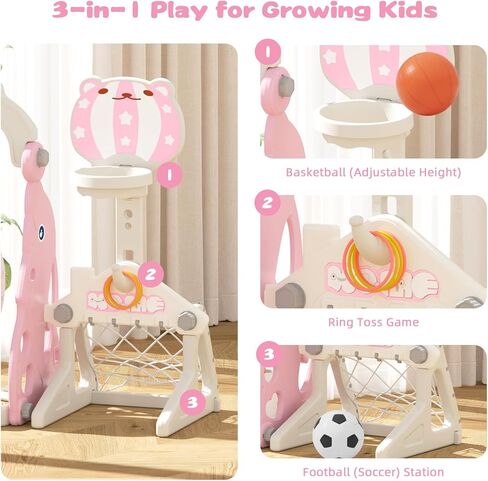 67i Toddler Slide Swing Set Indoor Playground for Kids 1-3, Multi-Activity Play Center Basketball Adjustable Height Safe Plastic (Pink) in Saudi Arabia